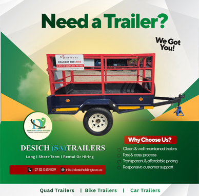 2m X 1m flatbed with Rails trailer for hire in Johannesburg