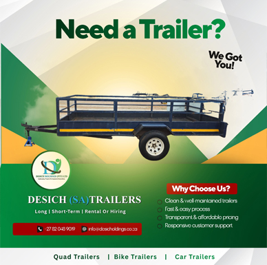 3.6m X 1.6m flatbed with Rails trailer for hire in Johannesburg