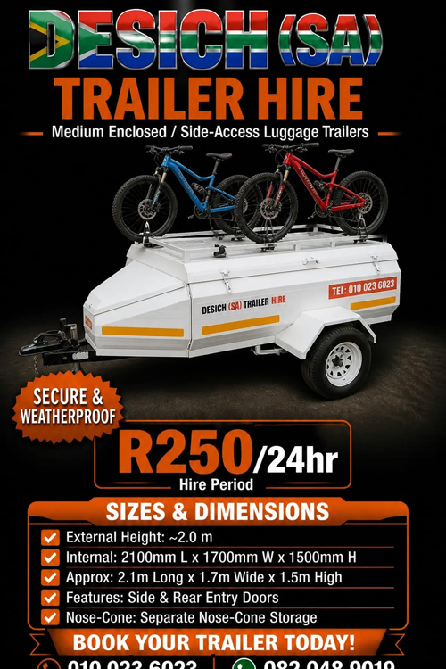 Medium Enclosed / Side-Access Luggage Trailer for hire in Johannesburg