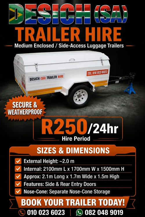 Medium Enclosed / Side-Access Luggage Trailer for hire in Johannesburg