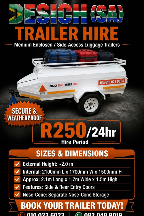 Medium Enclosed / Side-Access Luggage Trailer for hire in Johannesburg